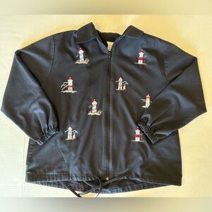 Bon Worth blue zipper jacket with embroidery lighthouses size petite medium